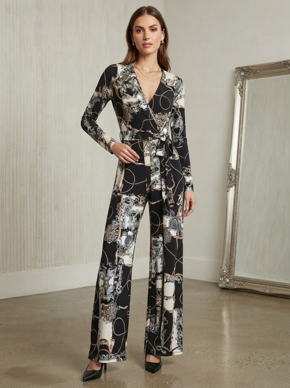 Guess Black Printed Wrap Jumpsuit with Chain & Baroque Motif